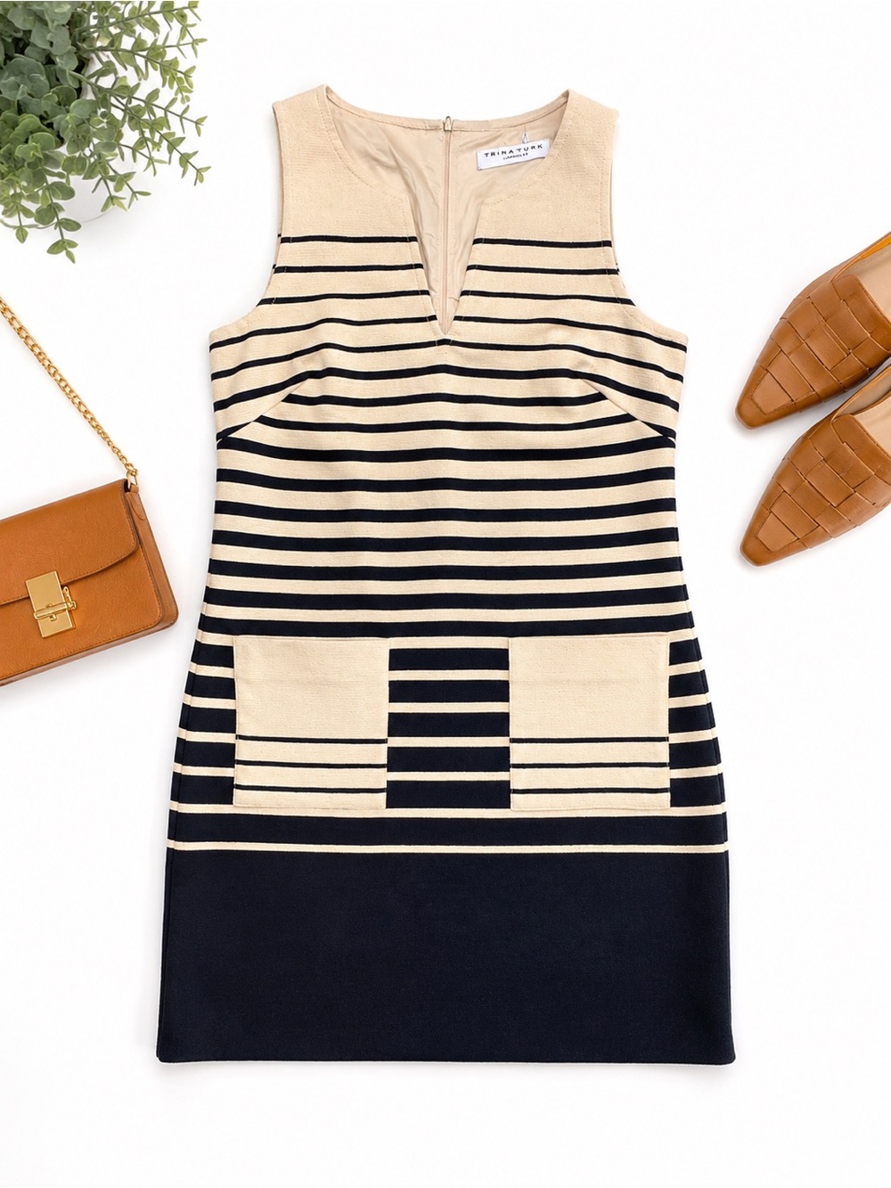 Trina Turk Black & Beige Striped Knit Shift Dress – Made in USA – Size 6